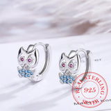 925 Sterling Silver Owl Hoop Earrings Crystal Animals Wedding Jewelry