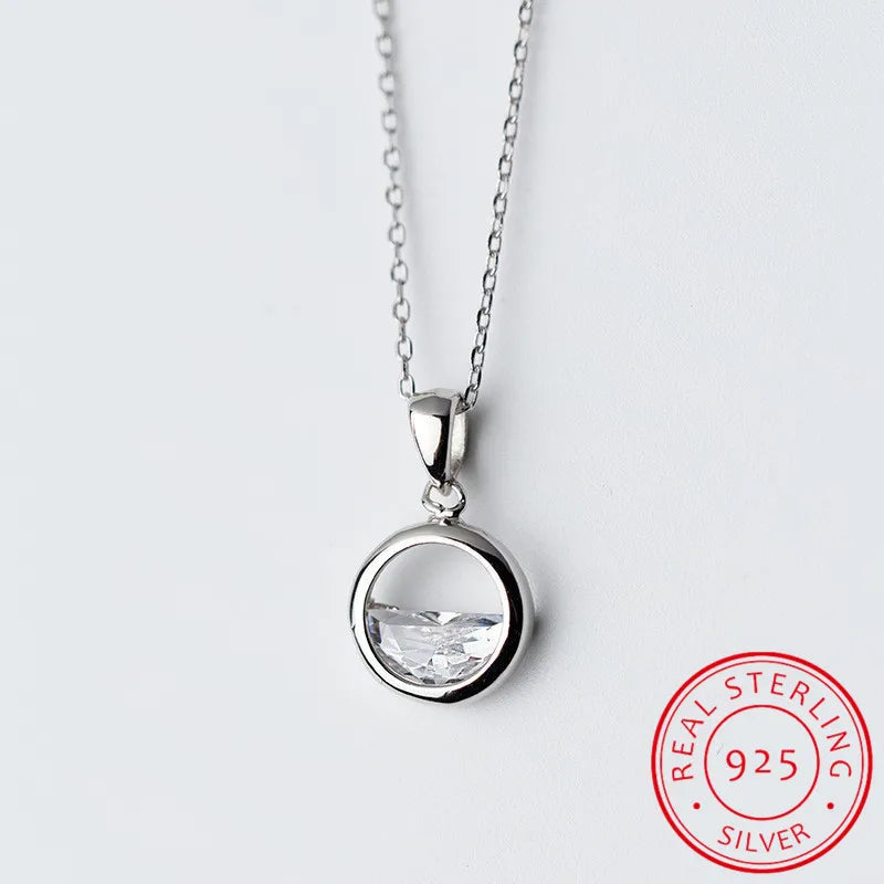925 Silver Crystal Round Pendant Necklaces Minimalist Jewelry Women