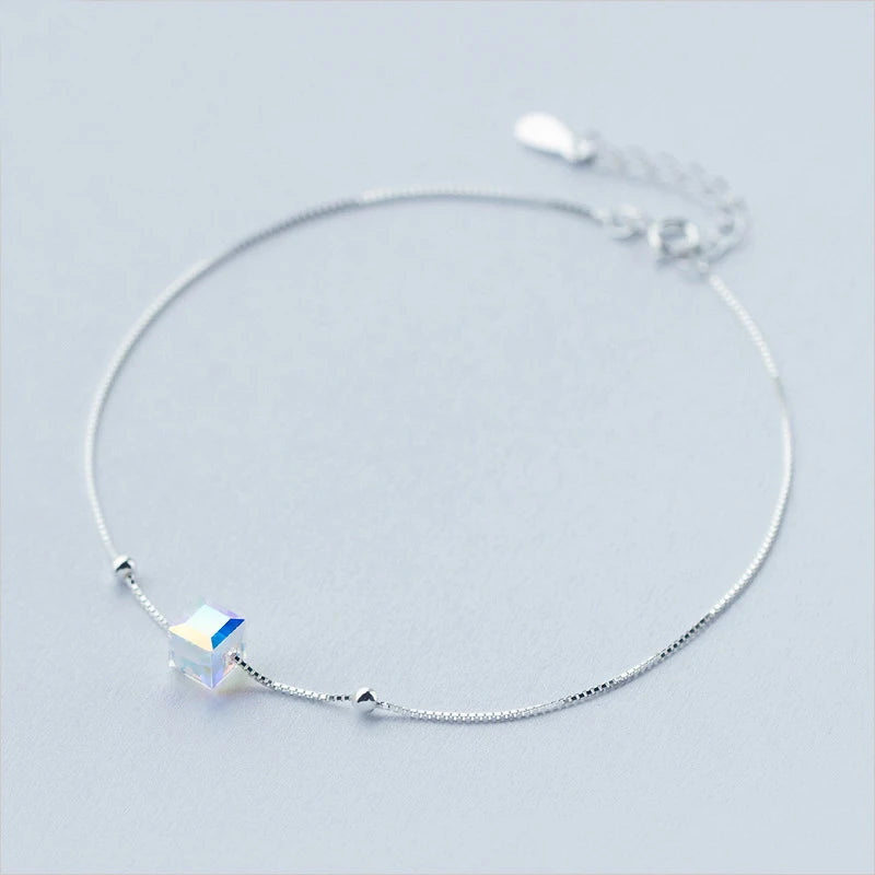 925 Sterling Silver Cube Beads Anklets for Women Girls