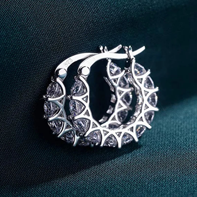 925 Silver CZ Circle Hoop Earrings Women Wedding Party Jewelry