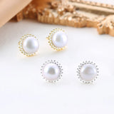 925 Silver CZ Pearl Stud Earrings Women Wedding Bridal Jewelry