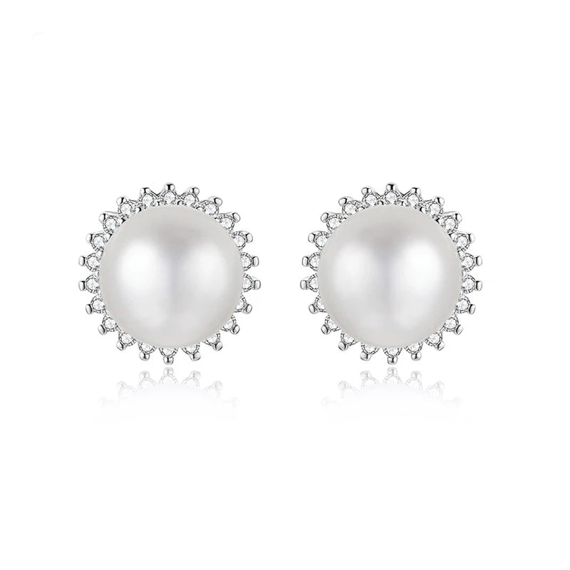 925 Silver CZ Pearl Stud Earrings Women Wedding Bridal Jewelry