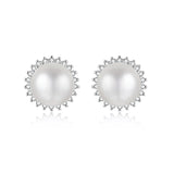 925 Silver CZ Pearl Stud Earrings Women Wedding Bridal Jewelry