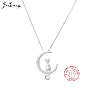925 Sterling Silver Cat Moon Pendant Necklace Women Jewelry