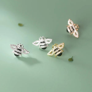 925 Silver Bee Stud Earrings Zircon Insect Ear Studs for Women Girls