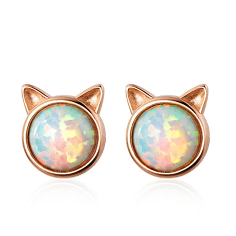 925 Silver Opal Cat Ears Small Stud Earrings for Women