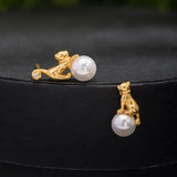 925 Sterling Silver Cat Stud Earring 18k Pearl Asymmetric Earings