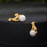 925 Sterling Silver Cat Stud Earring 18k Pearl Asymmetric Earings