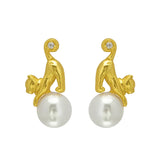 925 Sterling Silver Cat Stud Earring 18k Pearl Asymmetric Earings