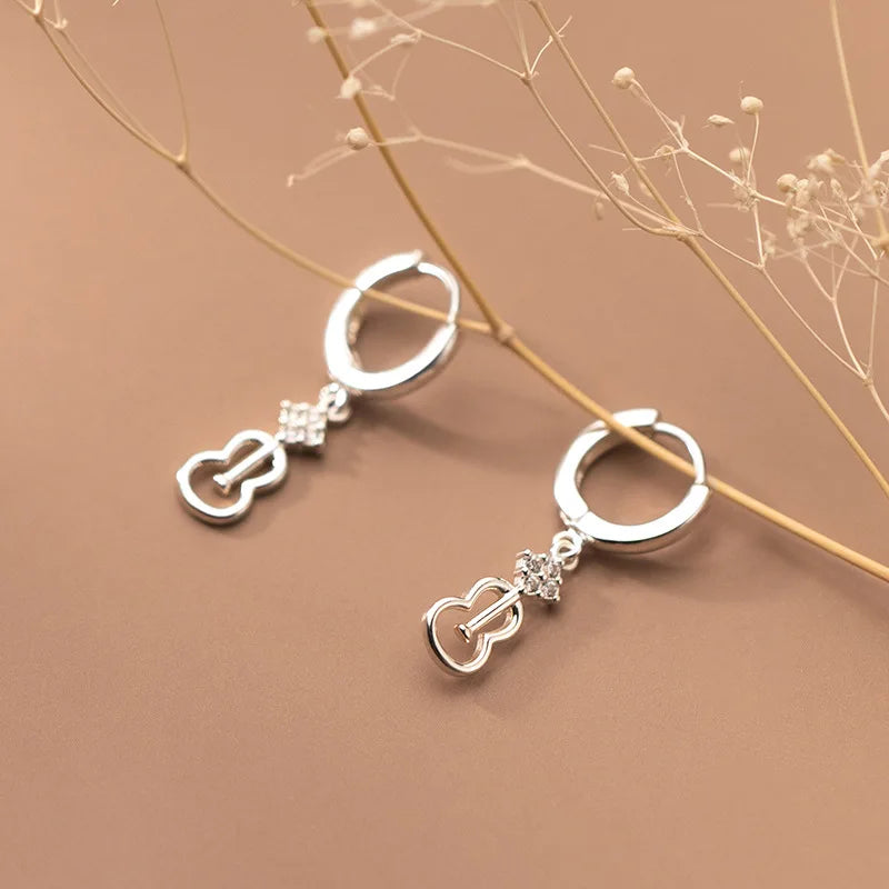 925 Silver Violin Drop Earrings Zircon Dangle Hypoallergenic Jewelry