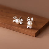 925 Silver Rabbit Stud Earrings Bunny Pearl Zircon Bow Fine Jewelry