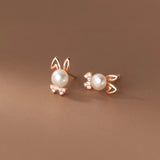 925 Silver Rabbit Stud Earrings Bunny Pearl Zircon Bow Fine Jewelry