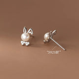 925 Silver Rabbit Stud Earrings Bunny Pearl Zircon Bow Fine Jewelry