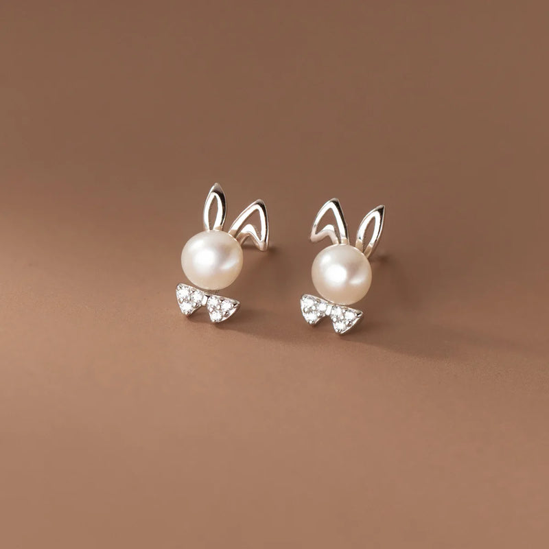 925 Silver Rabbit Stud Earrings Bunny Pearl Zircon Bow Fine Jewelry