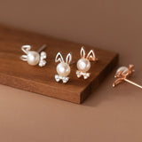 925 Silver Rabbit Stud Earrings Bunny Pearl Zircon Bow Fine Jewelry