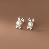 925 Silver Rabbit Stud Earrings Bunny Pearl Zircon Bow Fine Jewelry