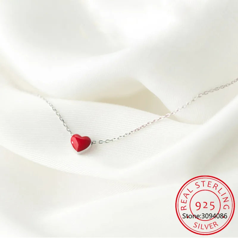 925 Silver Red Heart Enamel Pendant Necklace Chain