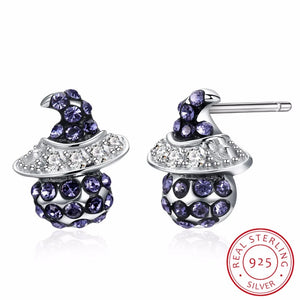 925 Silver Witch Hat Crystal Stud Earrings Halloween Jewelry