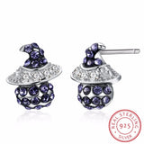 925 Silver Witch Hat Crystal Stud Earrings Halloween Jewelry