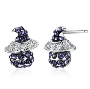 925 Silver Witch Hat Crystal Stud Earrings Halloween Jewelry