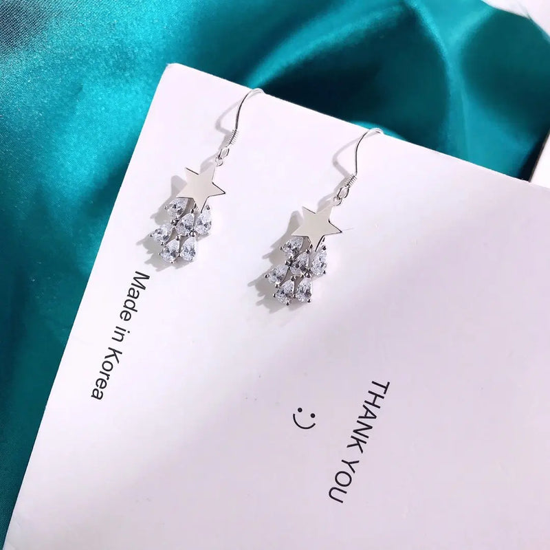 925 Silver Dangle Earrings Star Zirconia Shine Fantasy Light