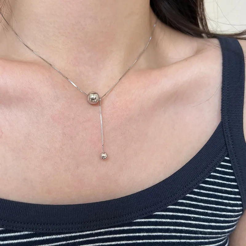 925 Silver Double Ball Pendant Necklace Box Chain Tassel Jewelry