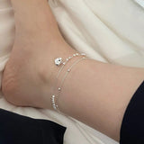 925 Sterling Silver Double Beads Chain Anklets for Woman Heart Ankle Bracelet
