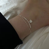 925 Sterling Silver Double Beads Chain Anklets for Woman Heart Ankle Bracelet