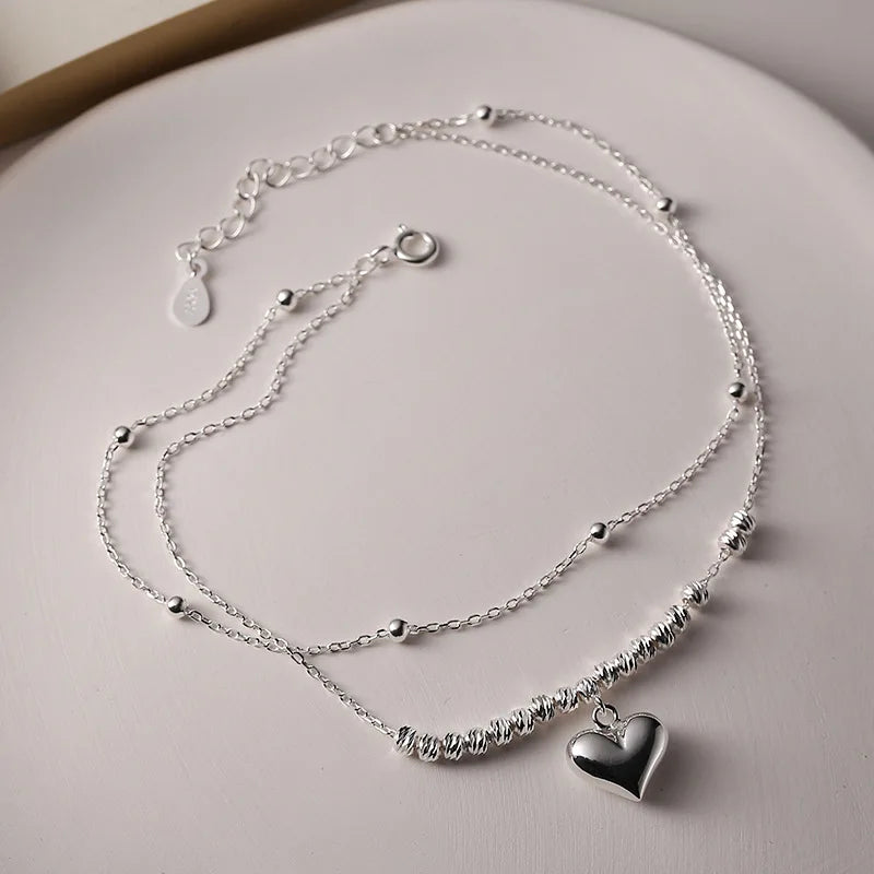 925 Sterling Silver Double Beads Chain Anklets for Woman Heart Ankle Bracelet