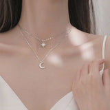 925 Silver Star Moon CZ Choker Necklace Wedding Party S925 Je