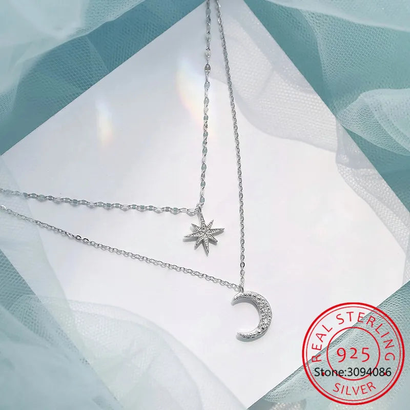 925 Silver Star Moon CZ Choker Necklace Wedding Party S925 Je