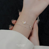 925 Silver Double Chain Bracelet with Diamond Butterfly Charm