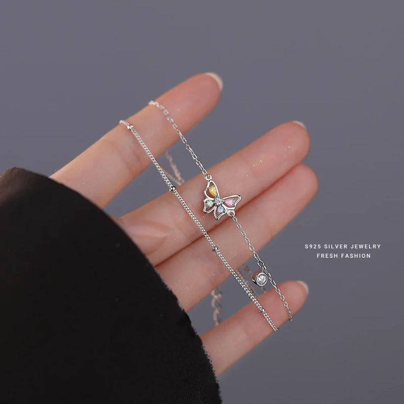925 Silver Double Chain Bracelet with Diamond Butterfly Charm