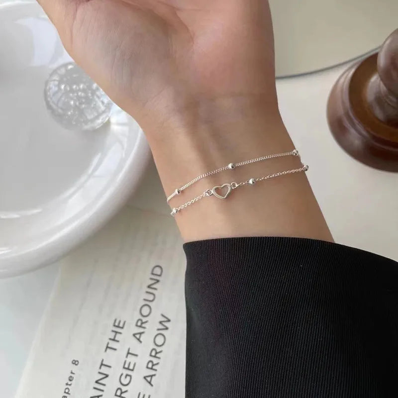 925 Silver Double Chains Bracelet Heart Bangle