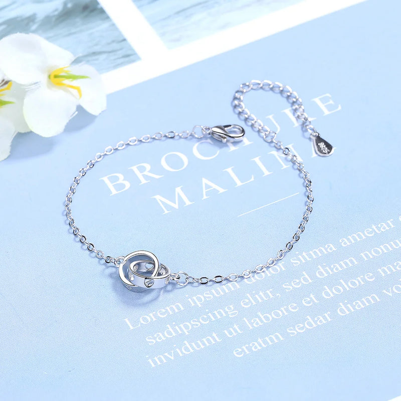 925 Silver Double Circle Heart Charm Bracelet Wedding Jewelry