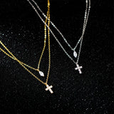 925 Sterling Silver Double Layer Necklace Zirconia Leaf and Cross Pendant