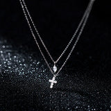 925 Sterling Silver Double Layer Necklace Zirconia Leaf and Cross Pendant
