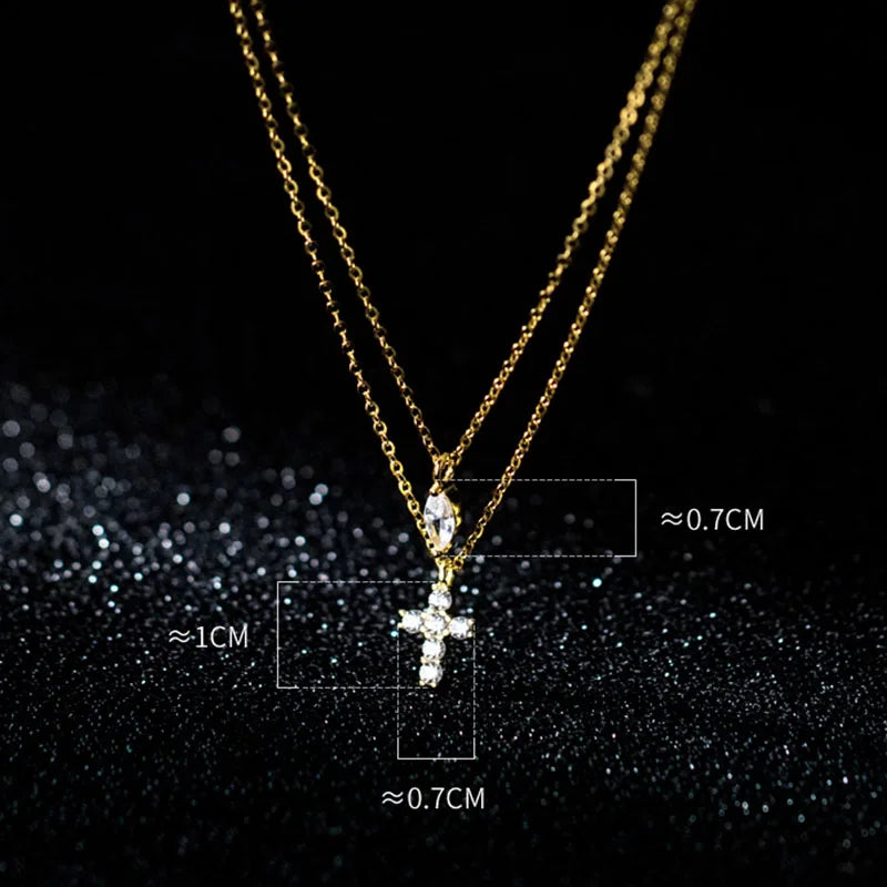 925 Sterling Silver Double Layer Necklace Zirconia Leaf and Cross Pendant