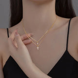 925 Sterling Silver Double Layer Necklace Zirconia Leaf and Cross Pendant