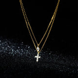 925 Sterling Silver Double Layer Necklace Zirconia Leaf and Cross Pendant