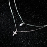 925 Sterling Silver Double Layer Necklace Zirconia Leaf and Cross Pendant