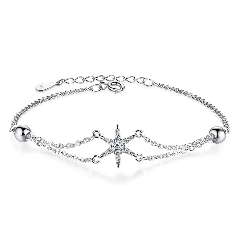 925 Sterling Silver Double Layer Star Charm Bracelet &Bangle For Women Girls