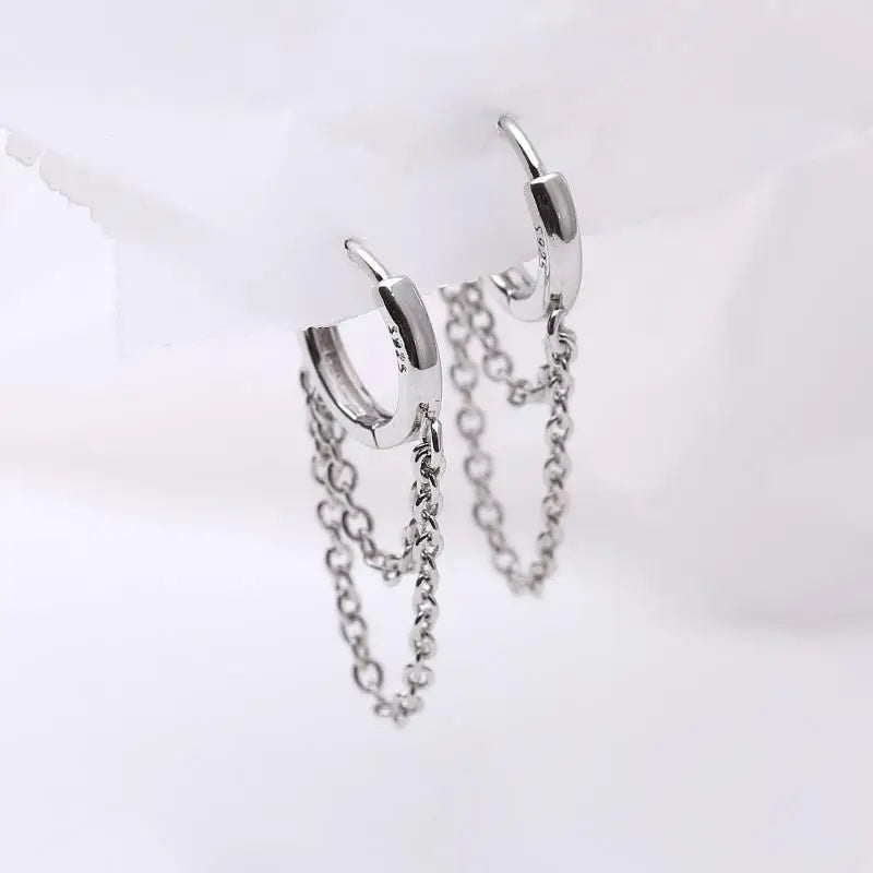 925 Sterling Silver Double Layer Tassel Hoop Earrings