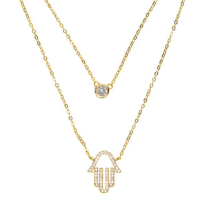 925 Silver Double Layer CZ Round Disco Hamsa Hand Pendant Necklace