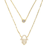925 Silver Double Layer CZ Round Disco Hamsa Hand Pendant Necklace