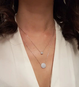 925 Silver Double Layer CZ Round Disco Hamsa Hand Pendant Necklace
