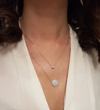 925 Silver Double Layer CZ Round Disco Hamsa Hand Pendant Necklace