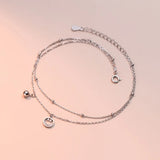 925 Sterling Silver Double Layered Anklet Smile Face Ball Beads Ankle Bracelets