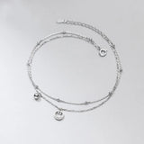 925 Sterling Silver Double Layered Anklet Smile Face Ball Beads Ankle Bracelets