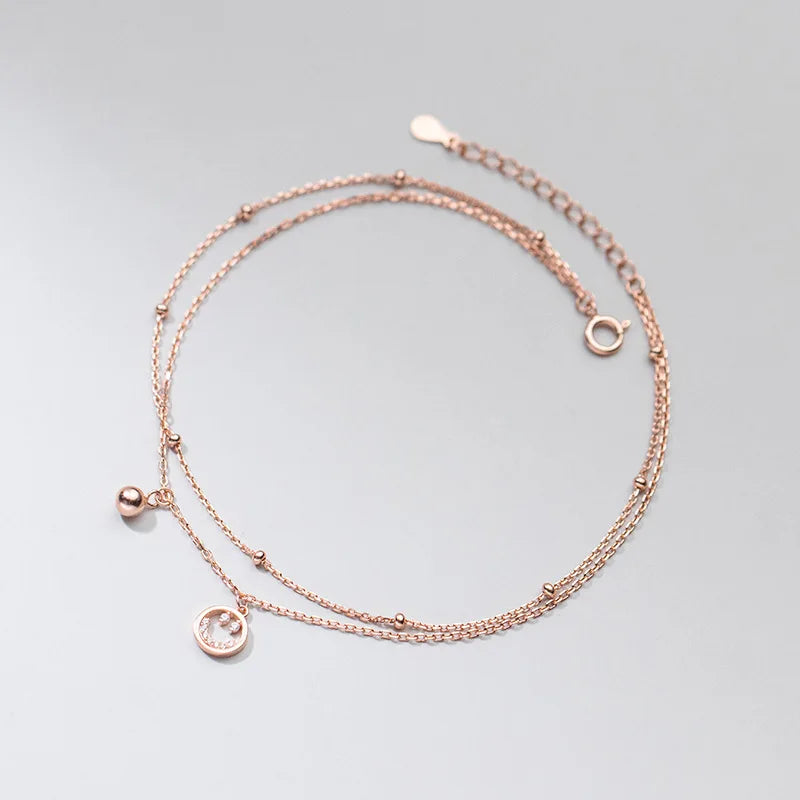 925 Sterling Silver Double Layered Anklet Smile Face Ball Beads Ankle Bracelets